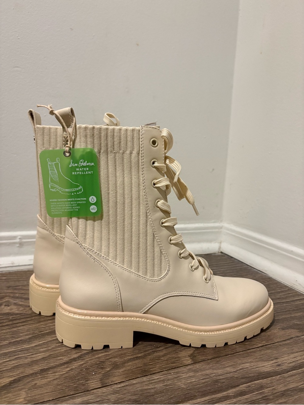 Sam Edelman Lydell Ivory Leather Knit Combat Boots Size 7 NWT